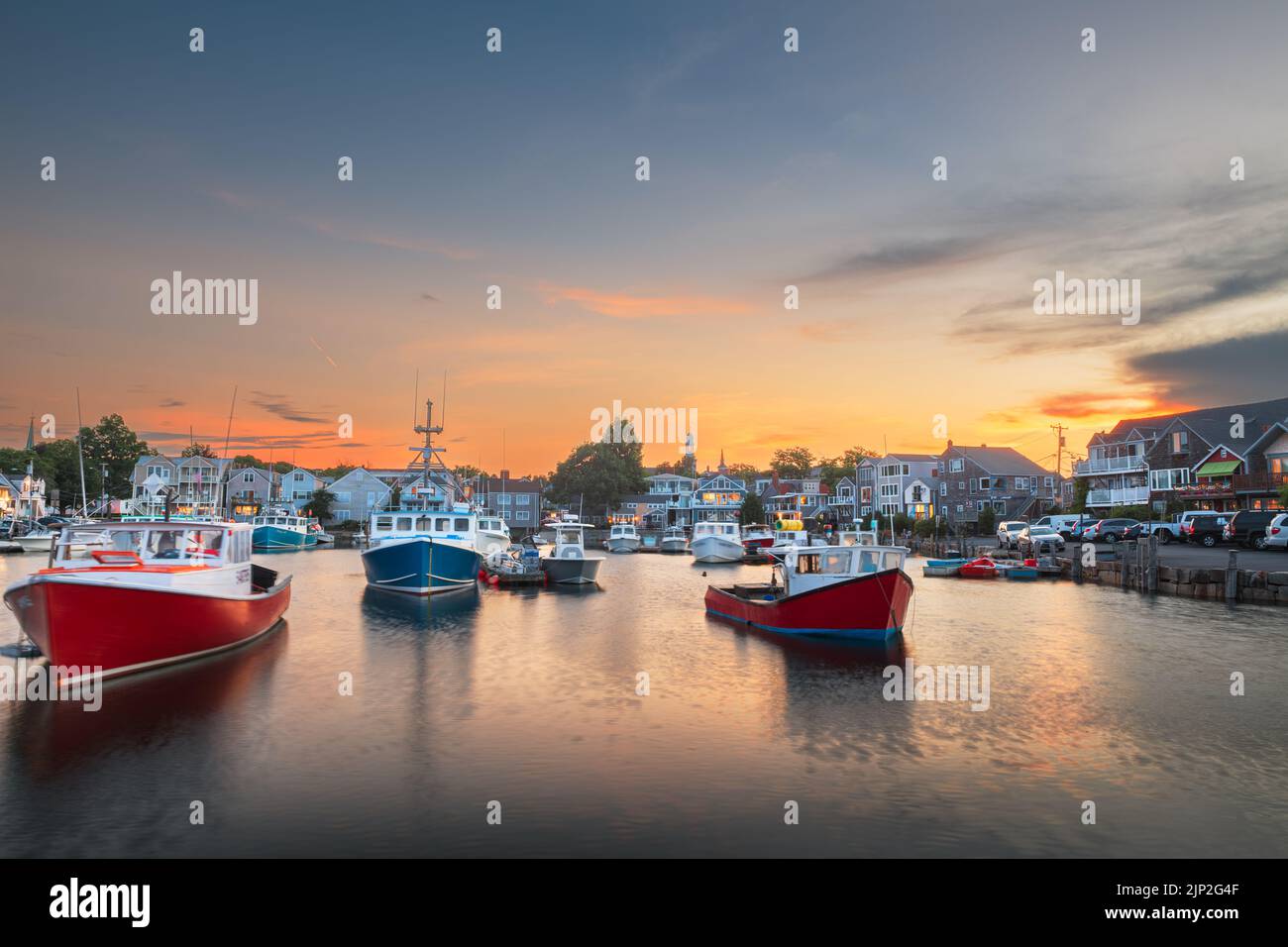 Rockport, Massachusetts, USA downtown and harbor view at dusk. Stock Photo