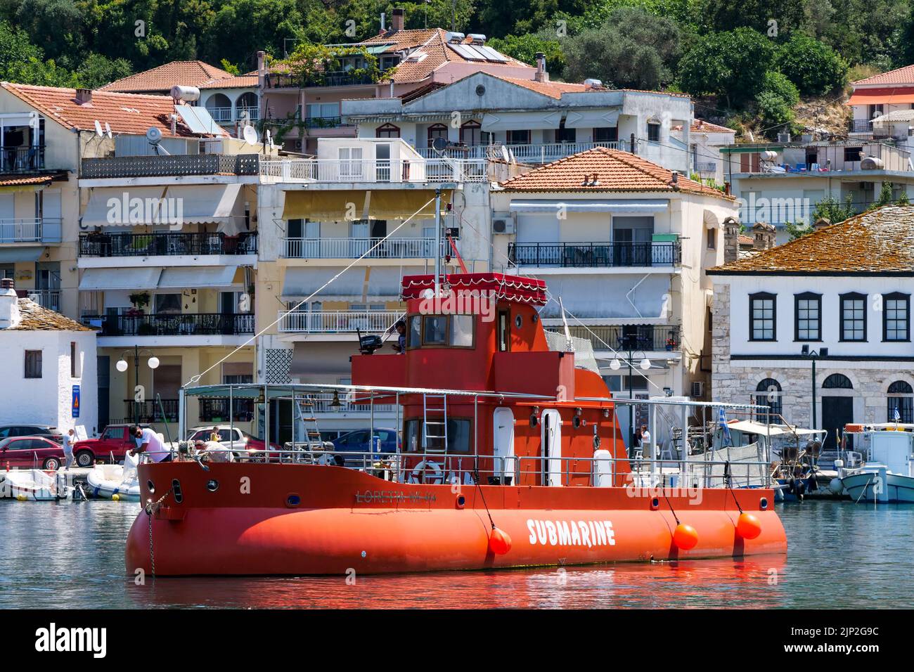 Red touristic submarine, Thassos, Macedonia, North-Eastern France Stock Photo