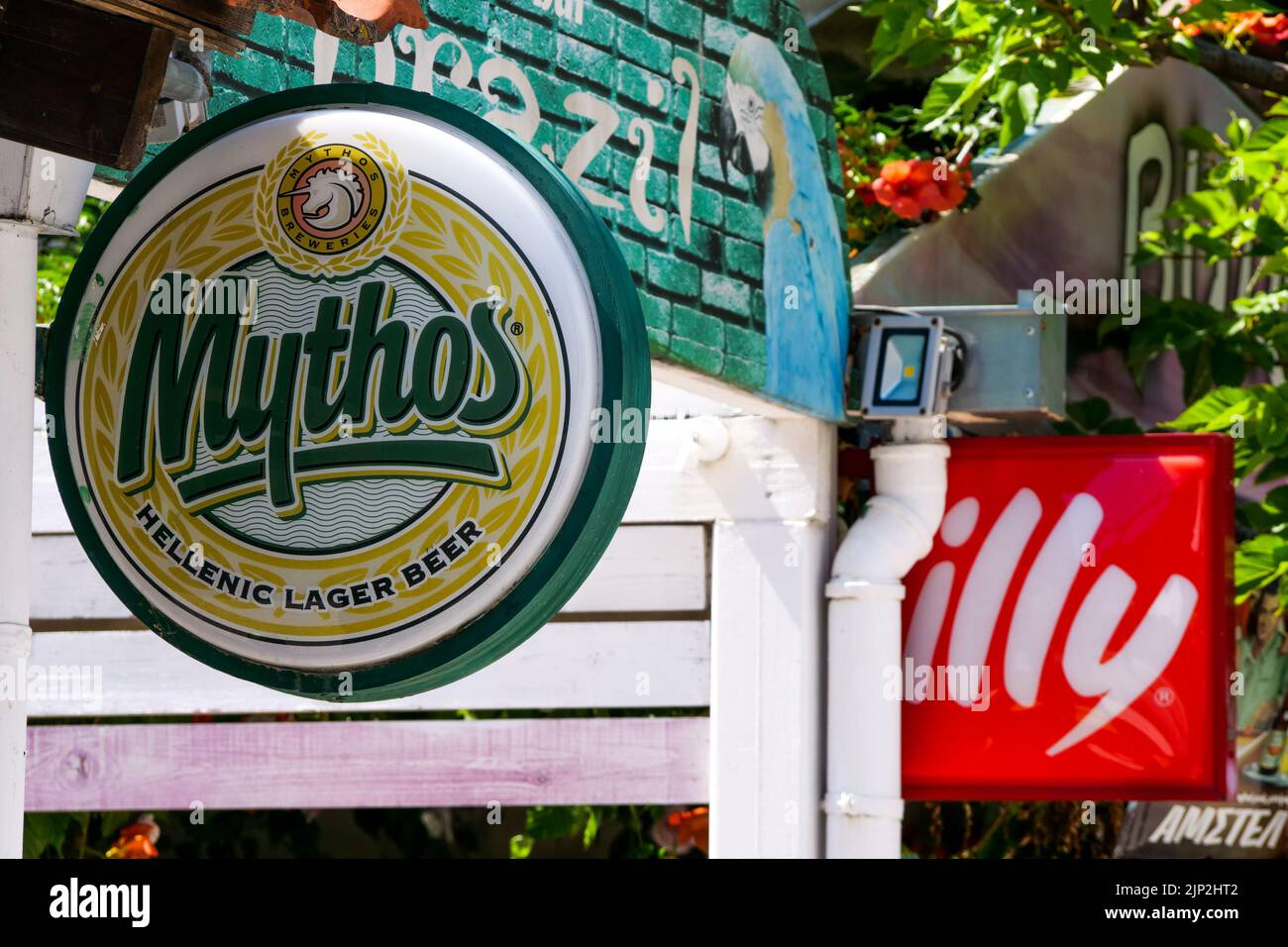 Mythos Sign Mythos beer sign, Thassos, Macedonia, North-Eastern France Stock Photo ...