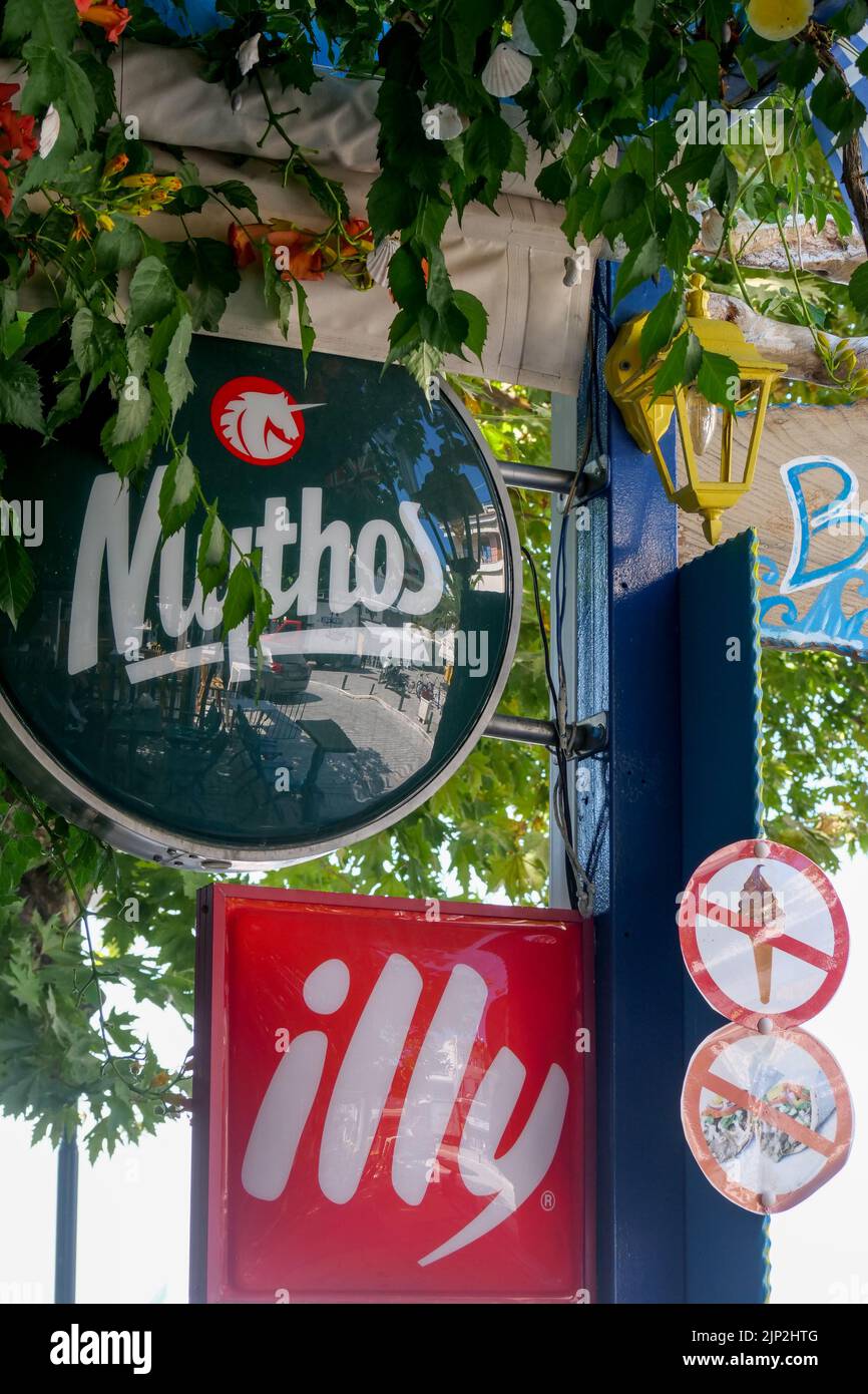Mythos Sign Mythos beer sign, Thassos, Macedonia, North-Eastern France Stock Photo ...