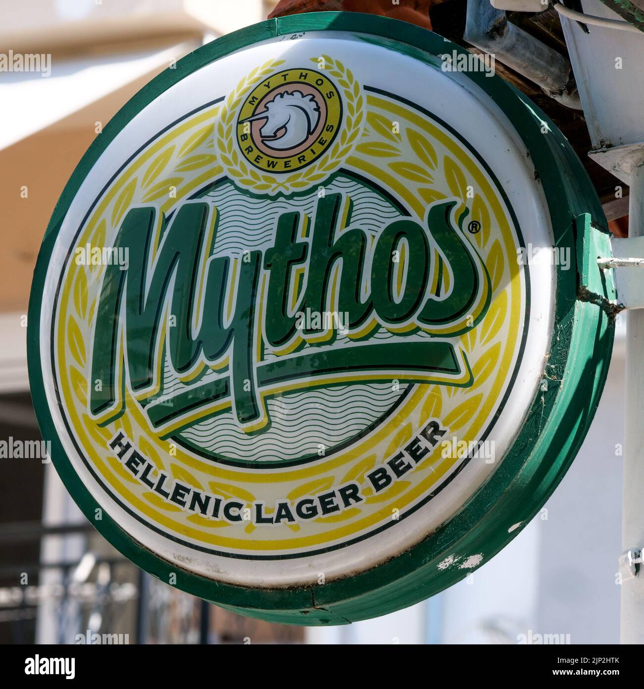 Mythos Sign Mythos beer sign, Thassos, Macedonia, North-Eastern France Stock Photo ...