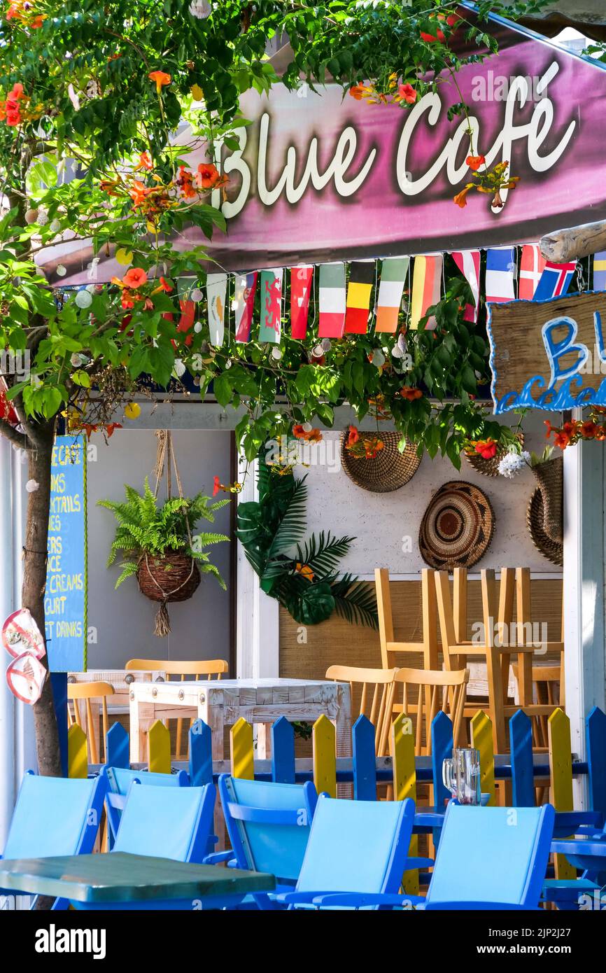 Blue café, Thassos, Macedonia, North-Eastern France Stock Photo