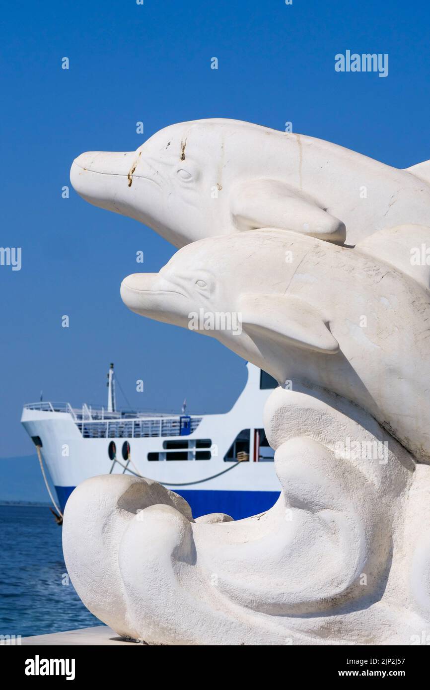 Dolphins, white marble sculpture, Thassos, Macedonia, North-Eastern France Stock Photo