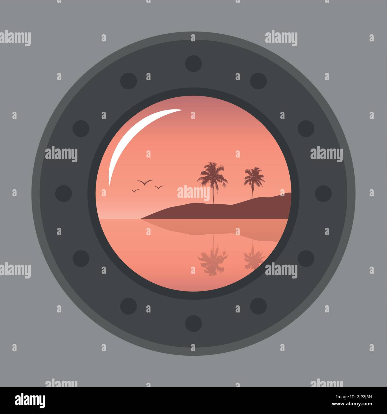 porthole with tropical seascape view marine summer holiday design Stock Vector