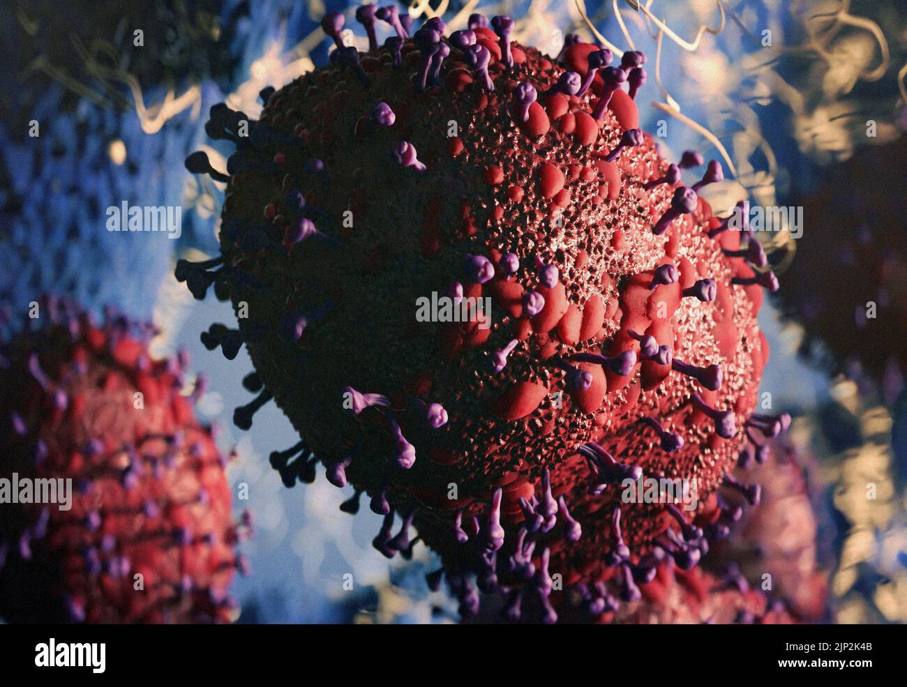 Electronic microscopy of h1n1 swine flu virus showing the spike proteins and infected human tissue, artistic reconstruction Stock Photo