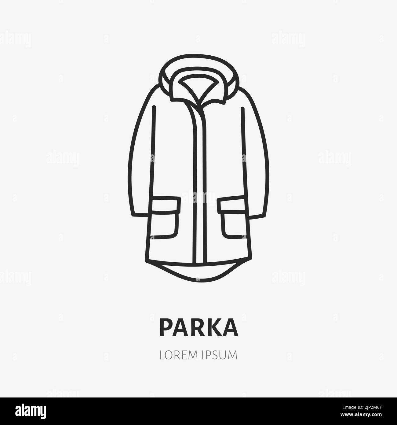 Parka doodle line icon. Vector thin outline illustration of winter clothes. Black color linear sign for outdoor apparel Stock Vector