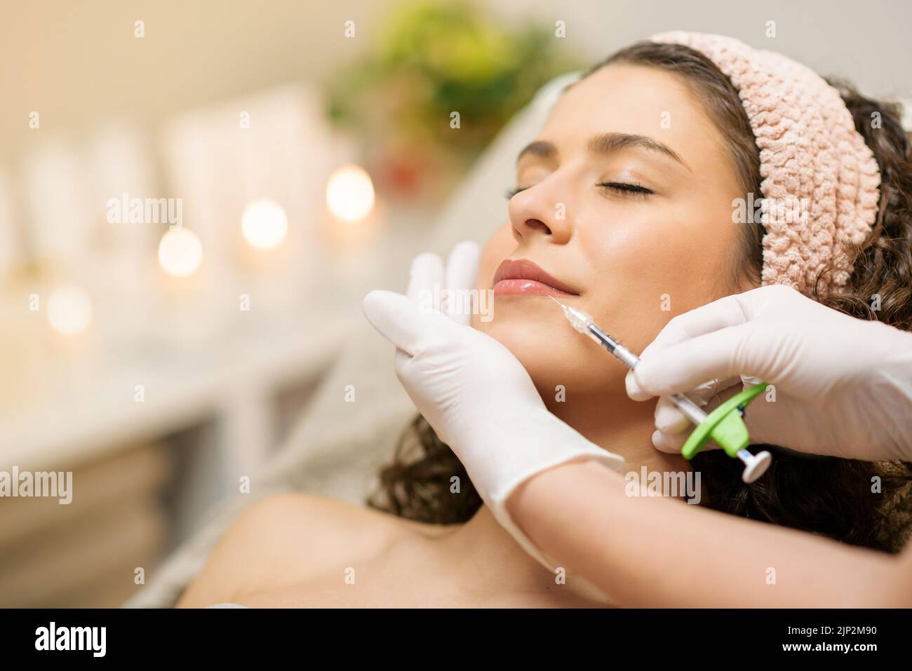 beautician, lip filler, lippen aufspritzen, mesotherapie, beauty salon, hyaluron, beauticians Stock Photo