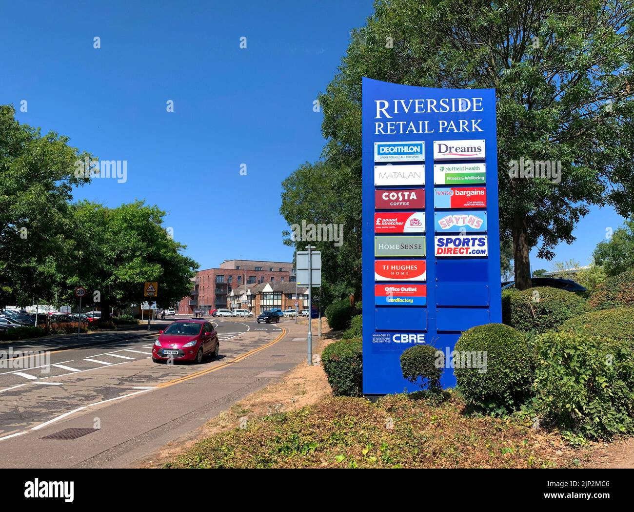 Signboard displaying the names of the business outlets at Riverside Retail Park in Victoria Road, Chelmsford, Essex, UK. Stock Photo