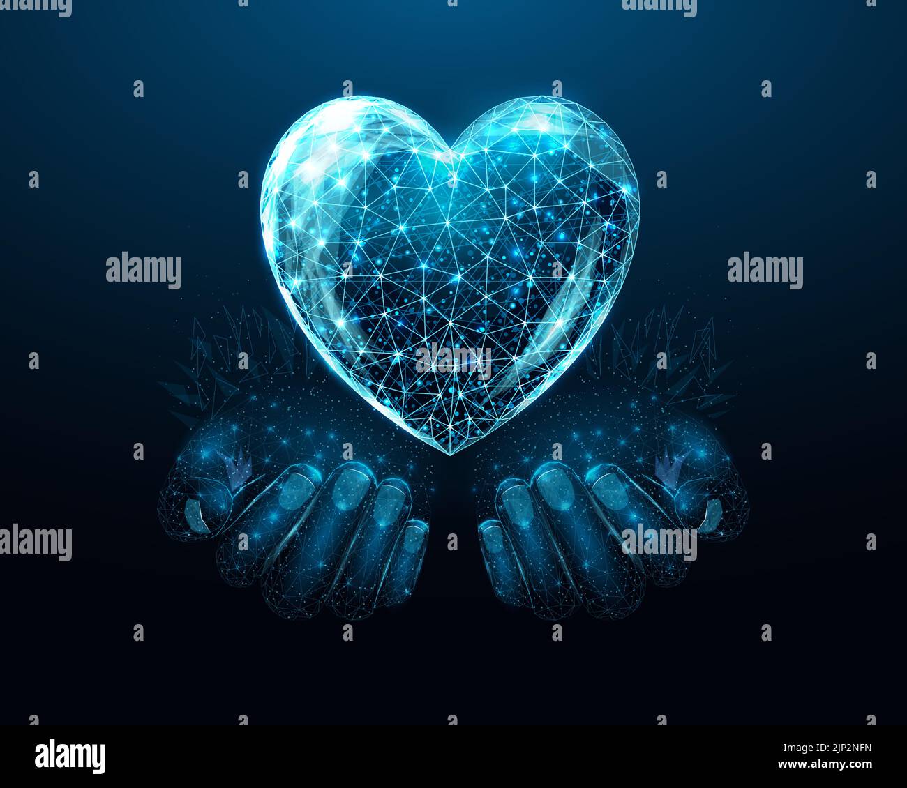 Two human hands are holds human brain. Support healthy brain concept. Wireframe glowing low poly design on dark blue background. Abstract futuristic Stock Vector
