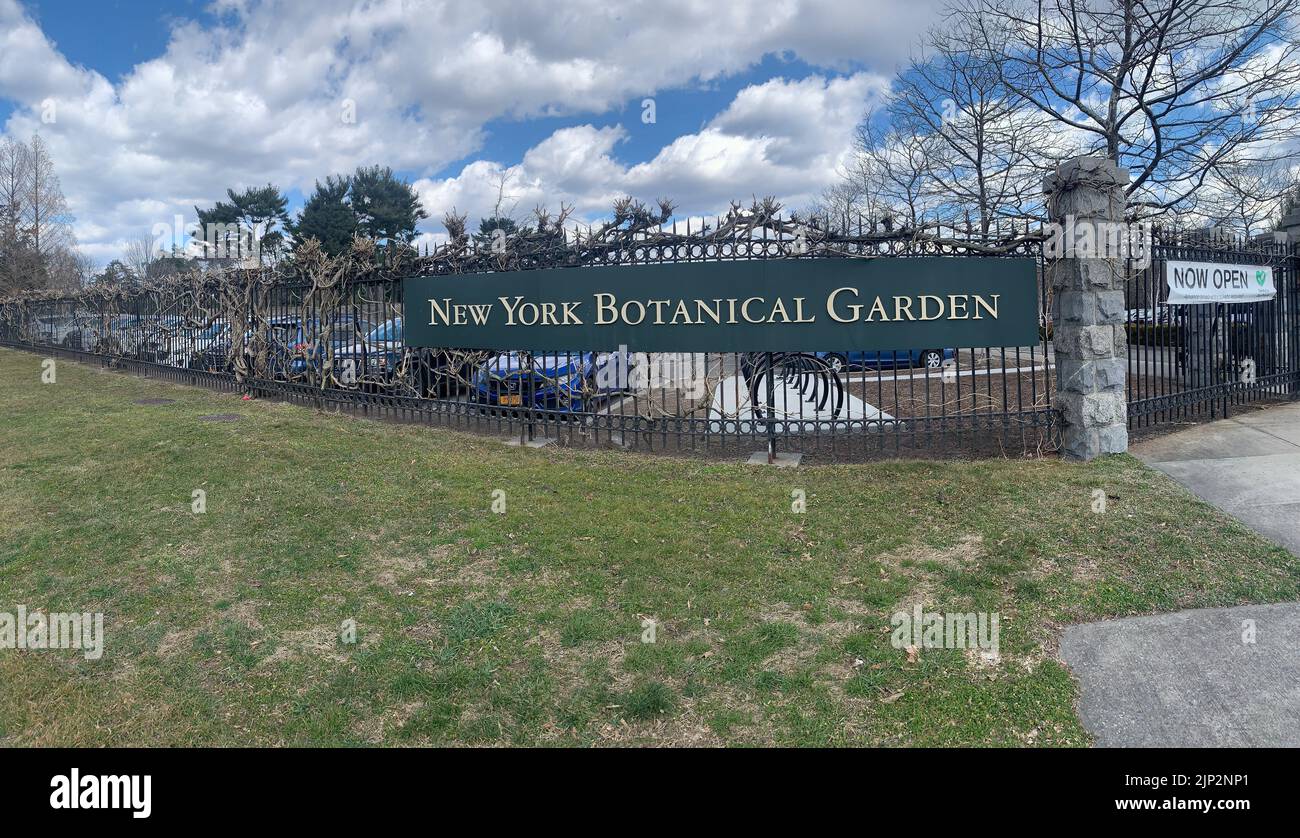 The gates and a nameplate of New York Botanical Garden in the Bronx, US