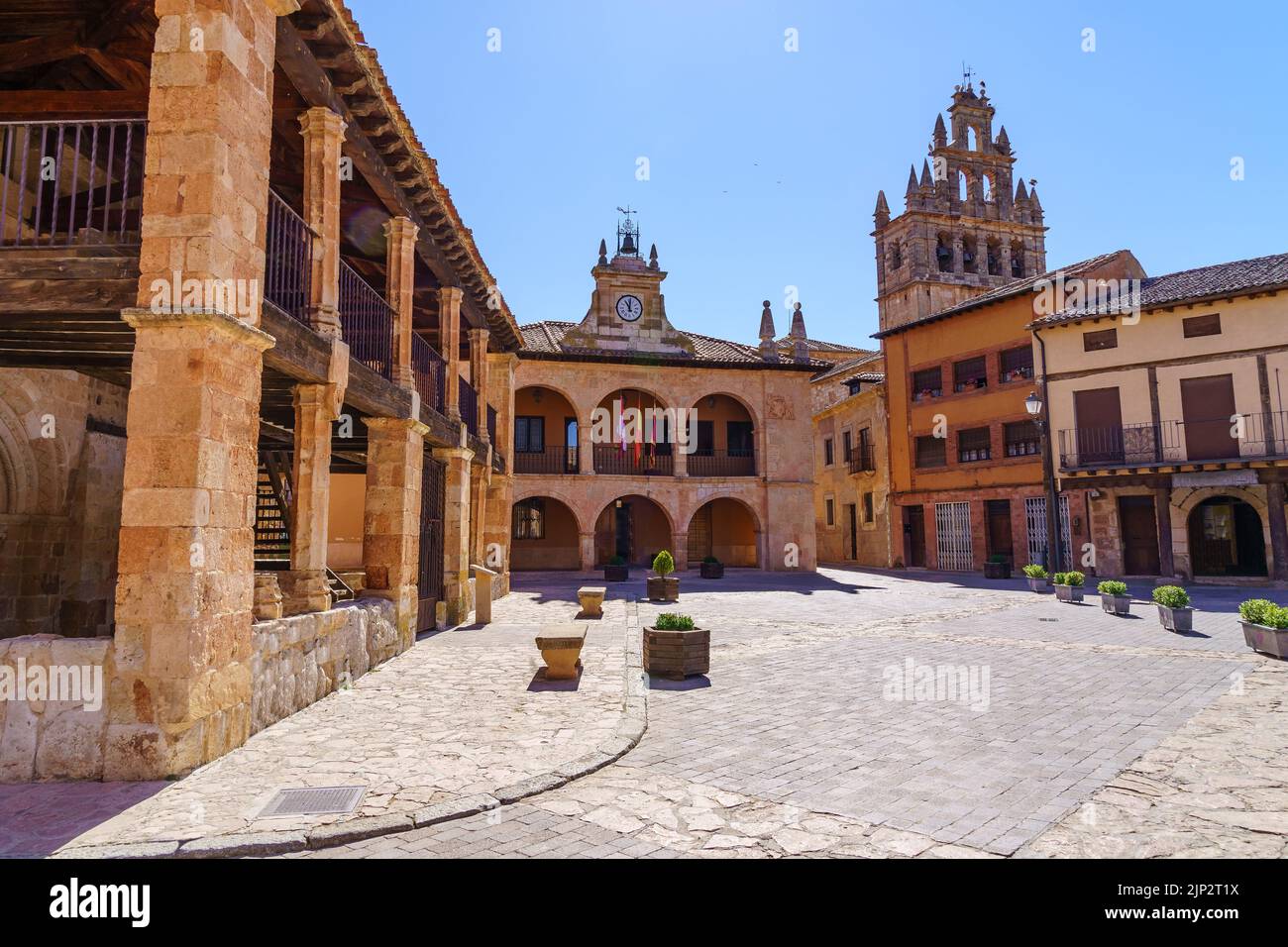Church and Town Hall in the town square. Ayllon, Segovia, Spain. Stock Photo