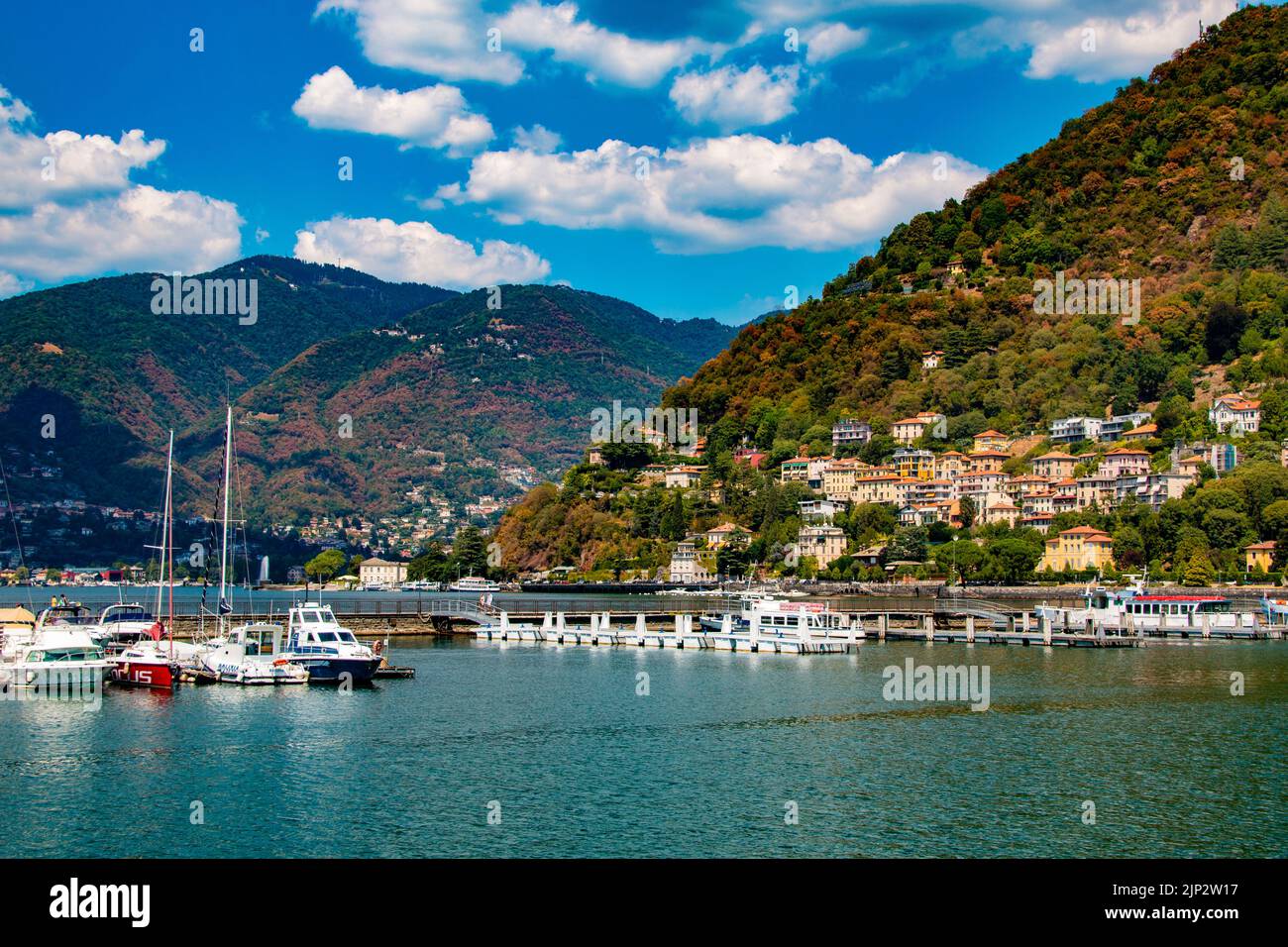 Stunning landscape of Lake Como, from the town of Como, on a beautiful summer day - Lombardie, Italy Stock Photo