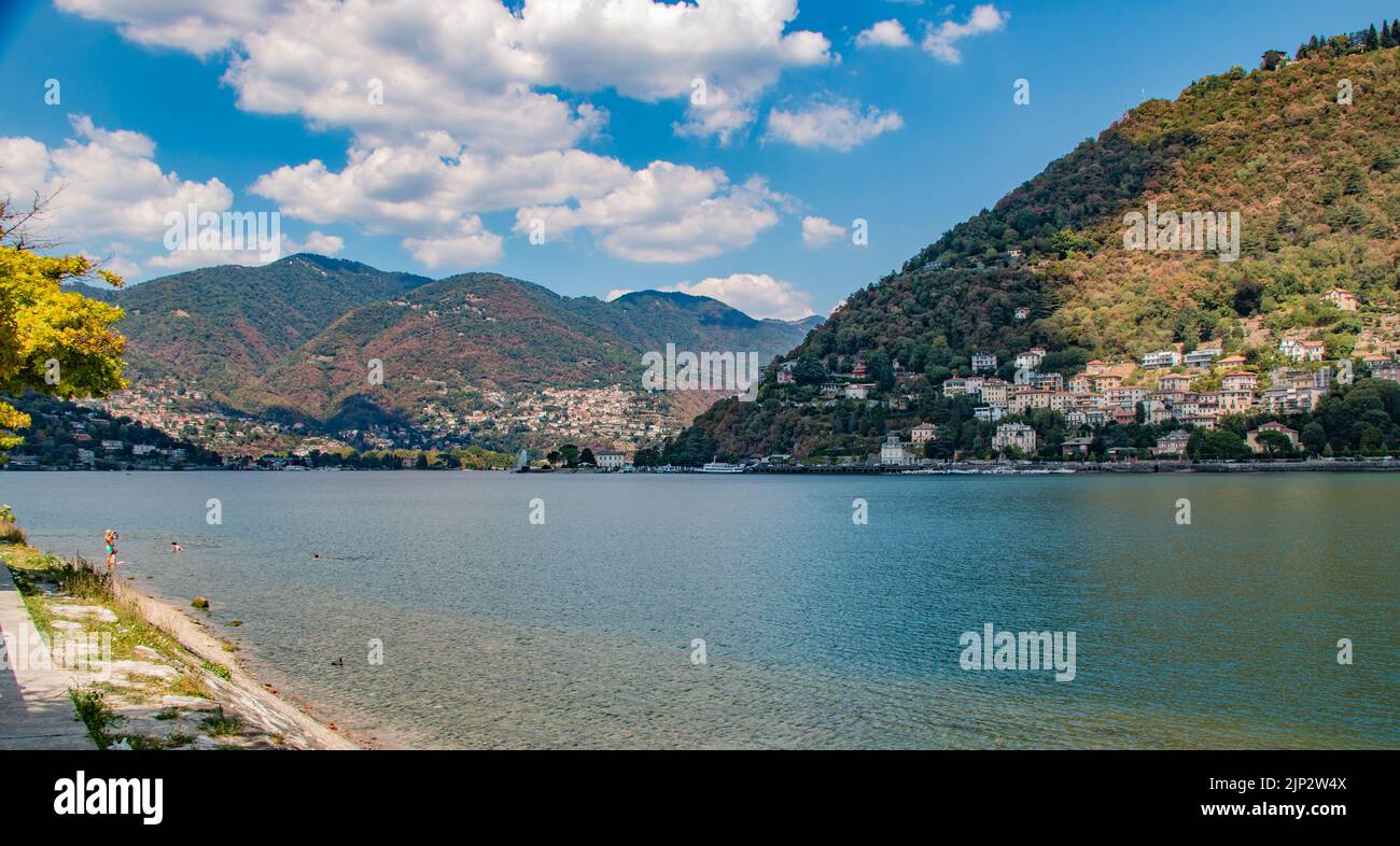 Stunning landscape of Lake Como, from the town of Como, on a beautiful summer day - Lombardie, Italy Stock Photo