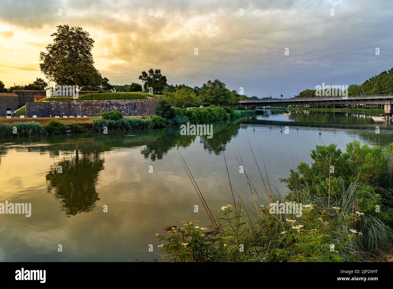 Green landscape with reflections on the Bayonne River in France. Europe