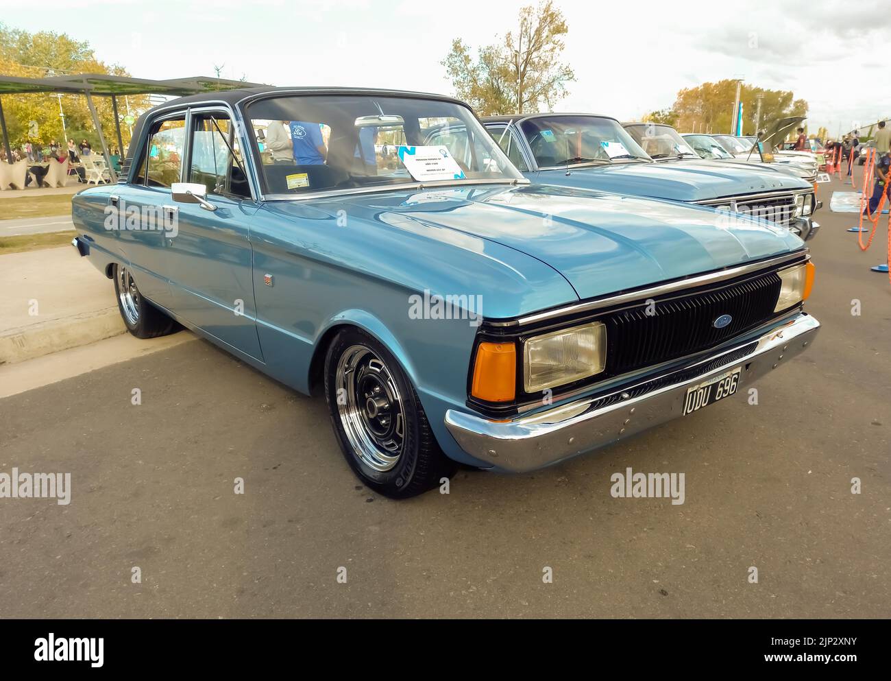 shot of an old blue 1980 Ford Falcon Futura SP sedan family car in a park. Expo Fierro 2022 classic car show. Stock Photo