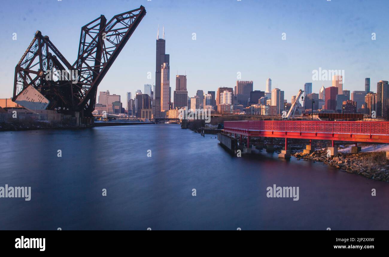 The view of St. Charles Air Line Bridge against the Chicago cityscape.The  United States. Stock Photo