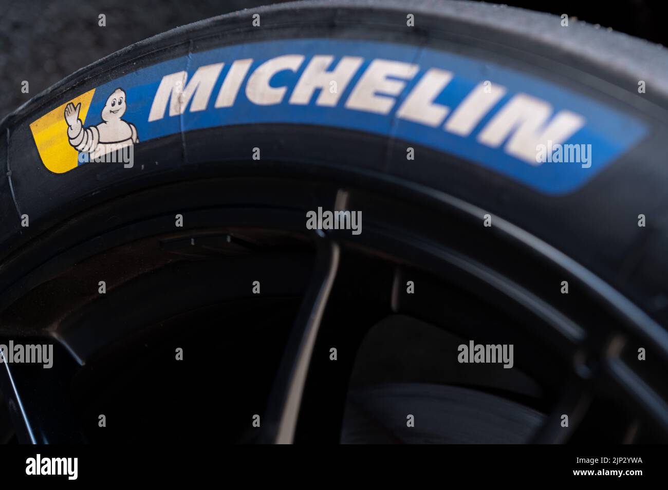 Villingen Schwenningen, Germany. 12th Aug, 2022. The logo of the French tire manufacturer Michelin can be seen on a slick. Credit: Silas Stein/dpa/Alamy Live News Stock Photo