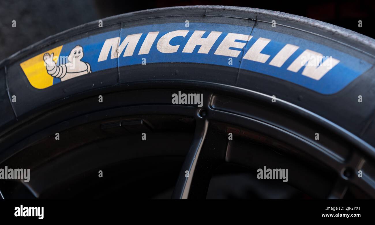 Villingen Schwenningen, Germany. 12th Aug, 2022. The logo of the French tire manufacturer Michelin can be seen on a slick. Credit: Silas Stein/dpa/Alamy Live News Stock Photo