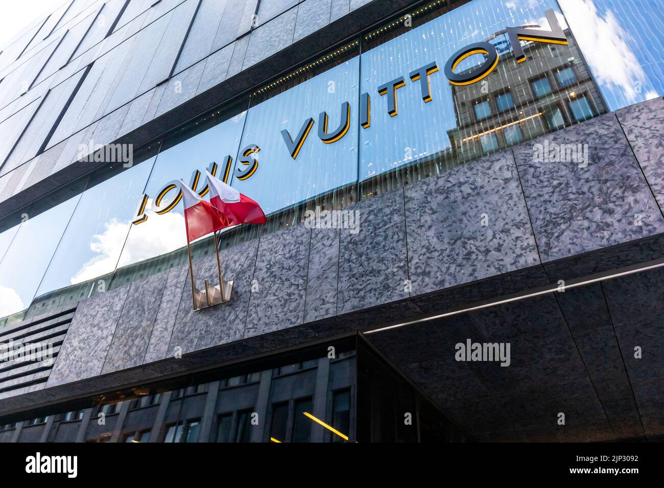 Warsaw, Poland, Louis Vuitton, LVMH, Luxury CLothing Store, Street Scene, Old Town Center Stock Photo