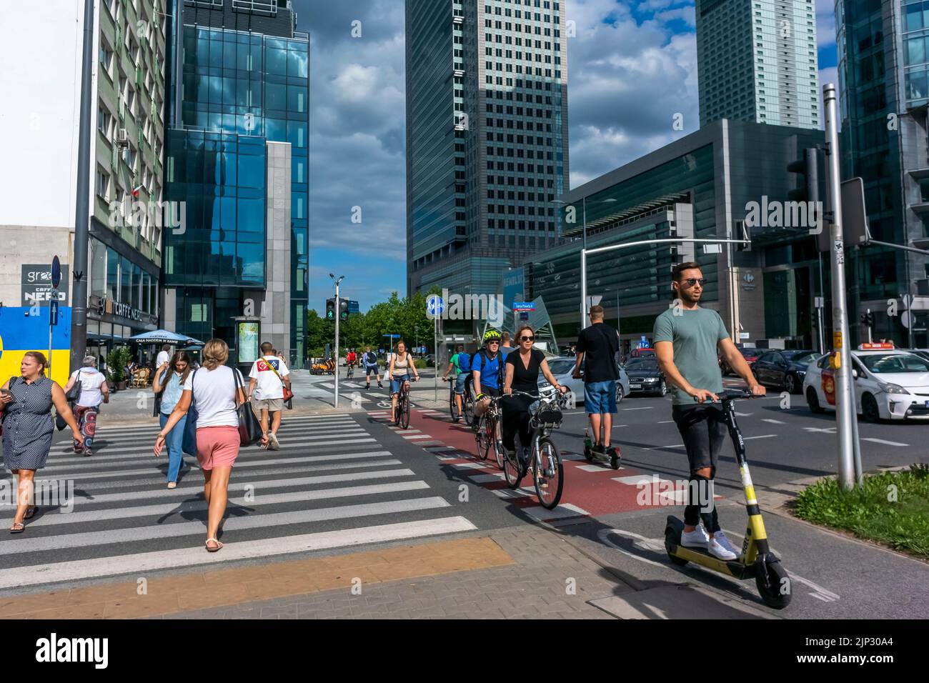 Warsaw, Poland, Street Scene, People Bicycling, Business Center Stock Photo