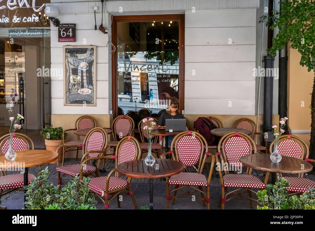 Warsaw, Poland, Empty Cafe Terrace, Tables Outside Stock Photo