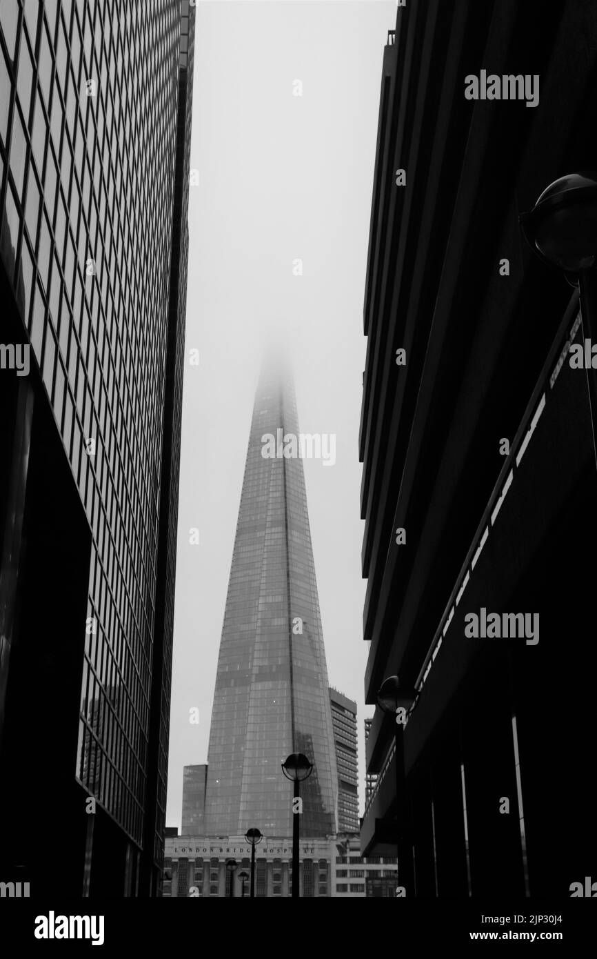 A grayscale shot of high skyscrapers in fog Stock Photo