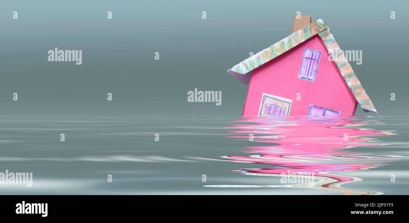 drowned model house,climate change,global warming,inundation, worldwide flooding disasters concept, free copy space Stock Photo