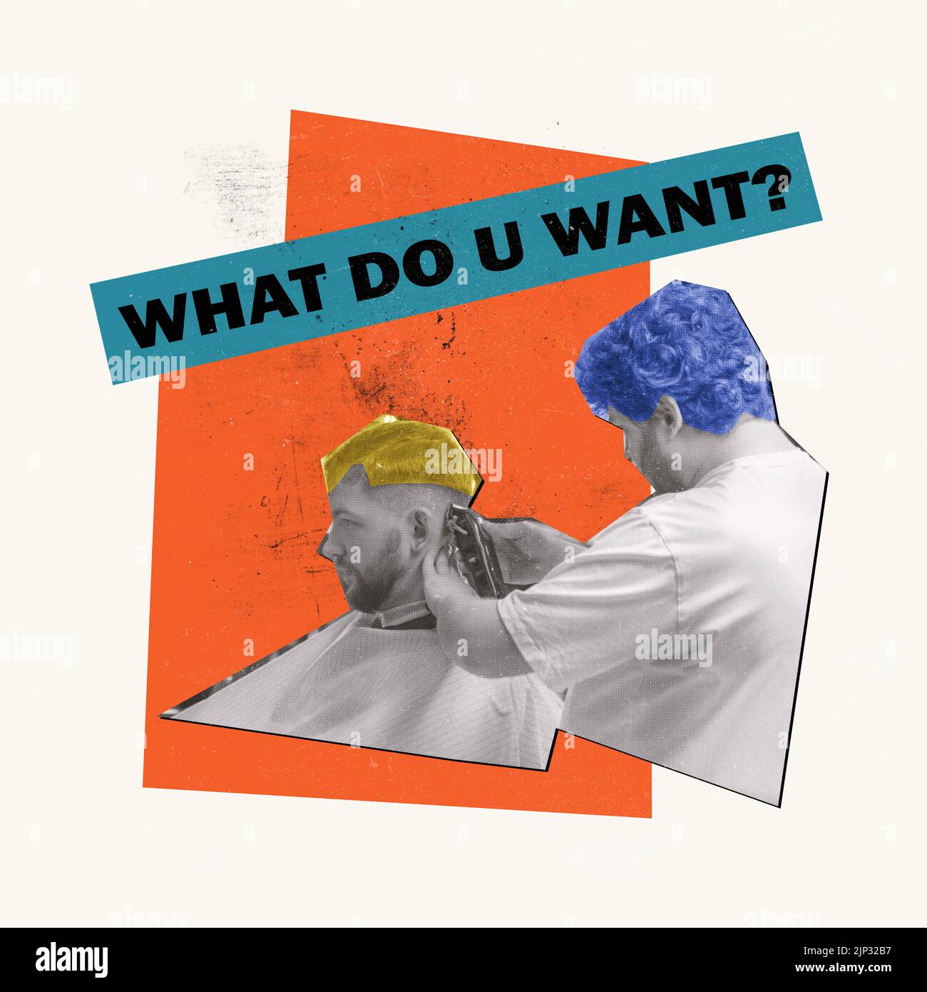 Contemporary art collage. Man, barber, hairdresser making male haircut