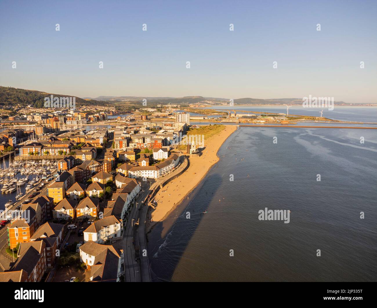 Aerial views of Swansea Maritime Quarter and Sea Front. August 2022
