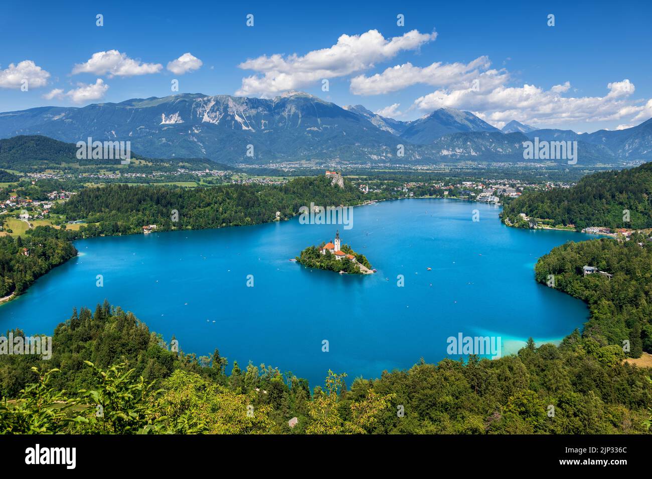 Scenic Lake Bled with an island at the foot of the Julian Alps, northwestern Slovenia. Stock Photo