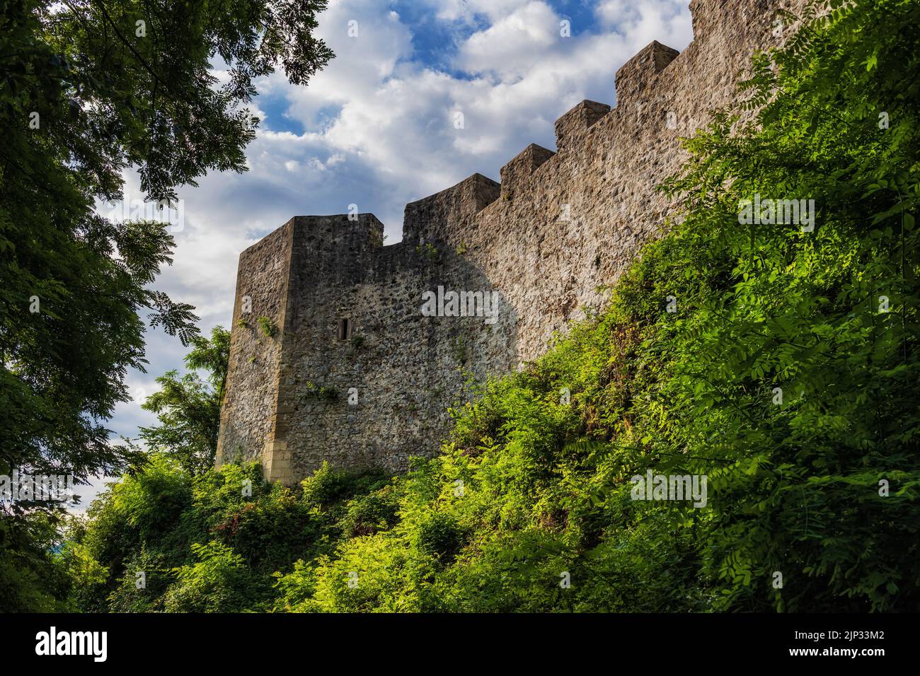 Celje Castle (Celjski grad) medieval stone wall and battlement in Slovenia. Stock Photo