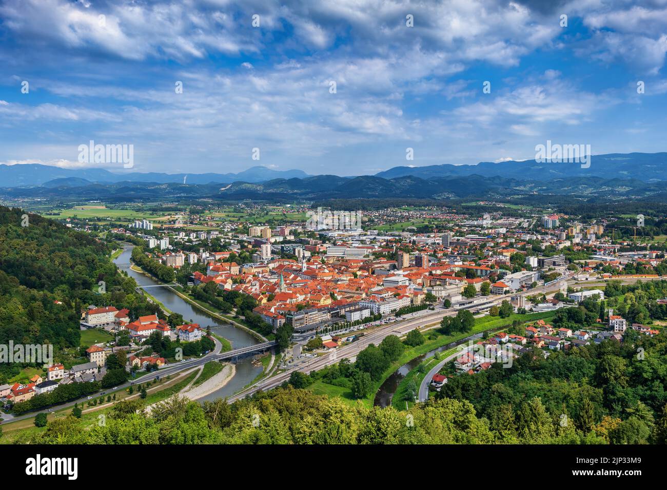 Landscape with city of Celje cityscape in Slovenia, Savinja northeastern region. Stock Photo