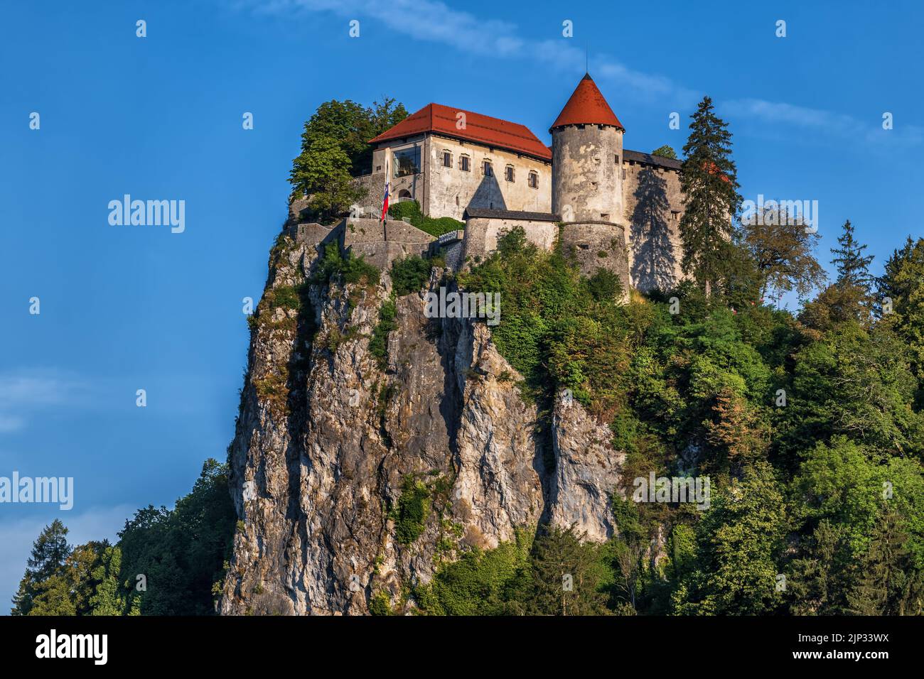 Bled Castle in Slovenia, medieval fortress perched on a cliff top in the Julian Alps, northwestern region. Stock Photo
