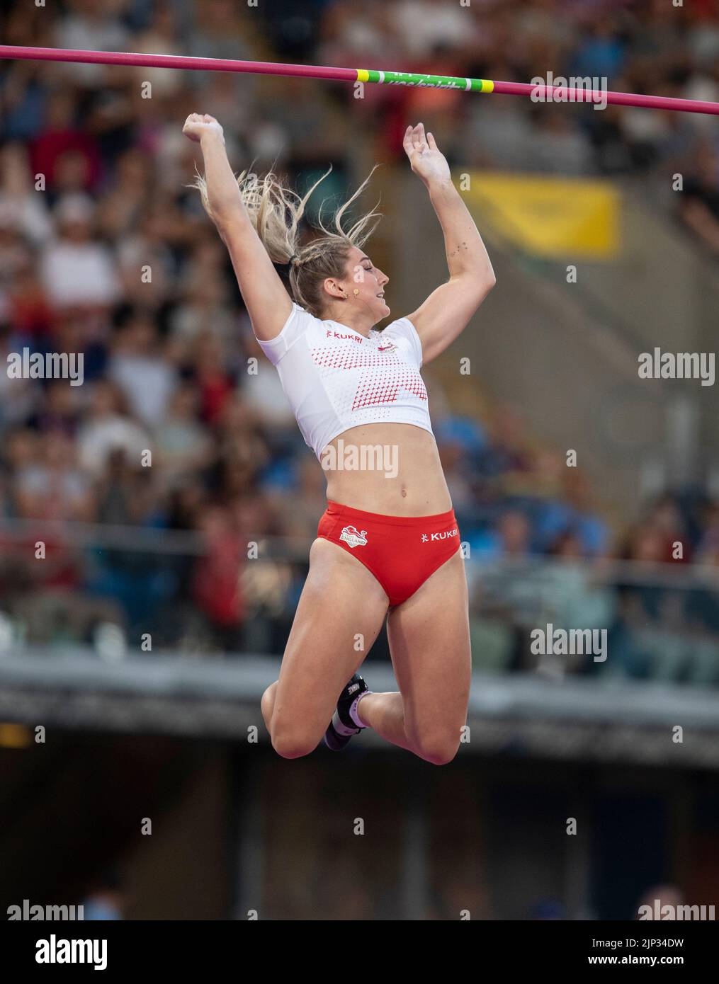 Molly Caudery of England competing in the women's pole vault final at