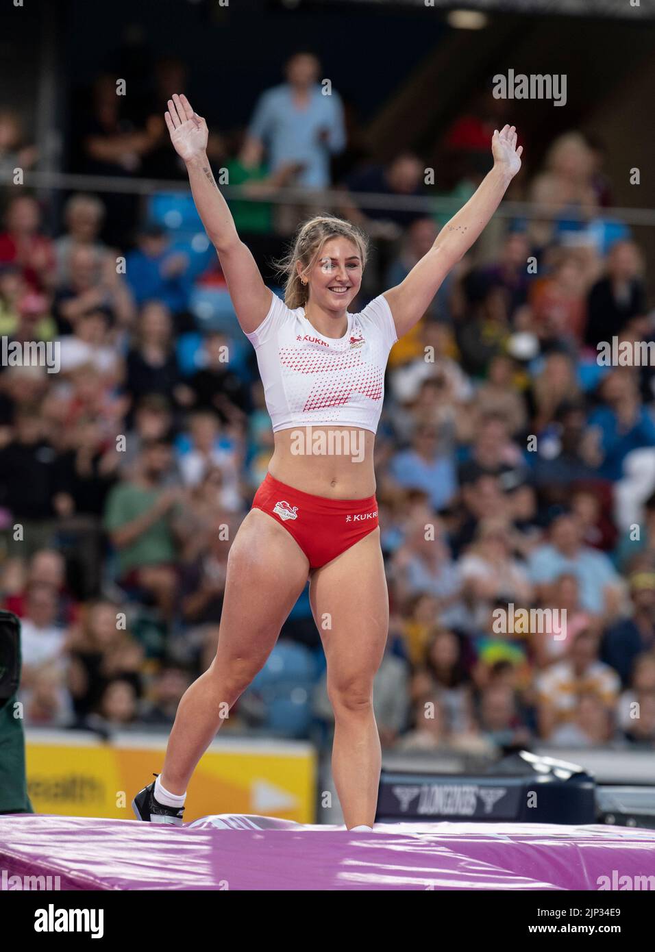 Molly Caudery of England competing in the women's pole vault final at