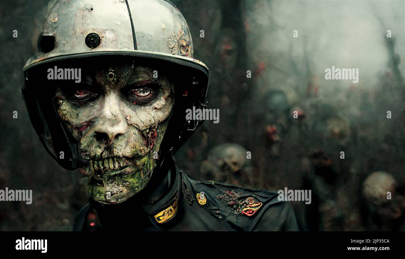 Zombie apocalypse concept. Dead man in helmet and soldier uniform, abstract background Stock Photo
