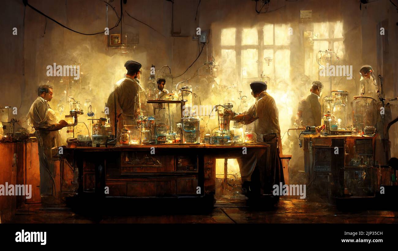 Group of scientists in white uniforms working in chemical laboratory. Research concept. Abstract picture Stock Photo