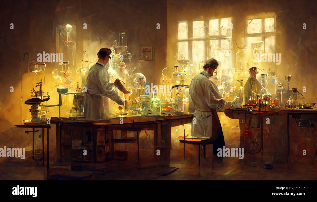 Silhouette of group scientists in white uniforms working in chemical laboratory. Research concept. Abstract picture Stock Photo