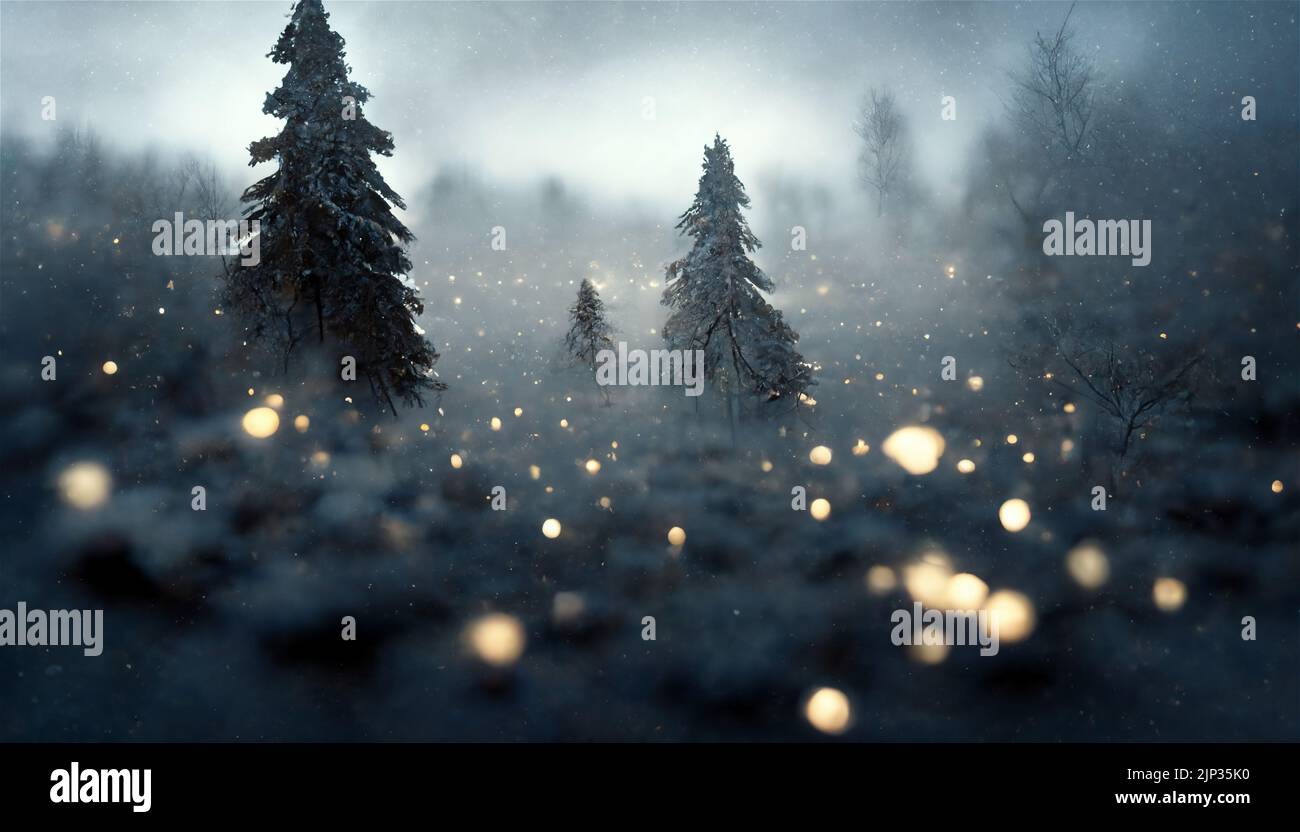 New Year celebration, winter holidays, abstract background concept. Snowy forest with glowing lights bokeh Stock Photo