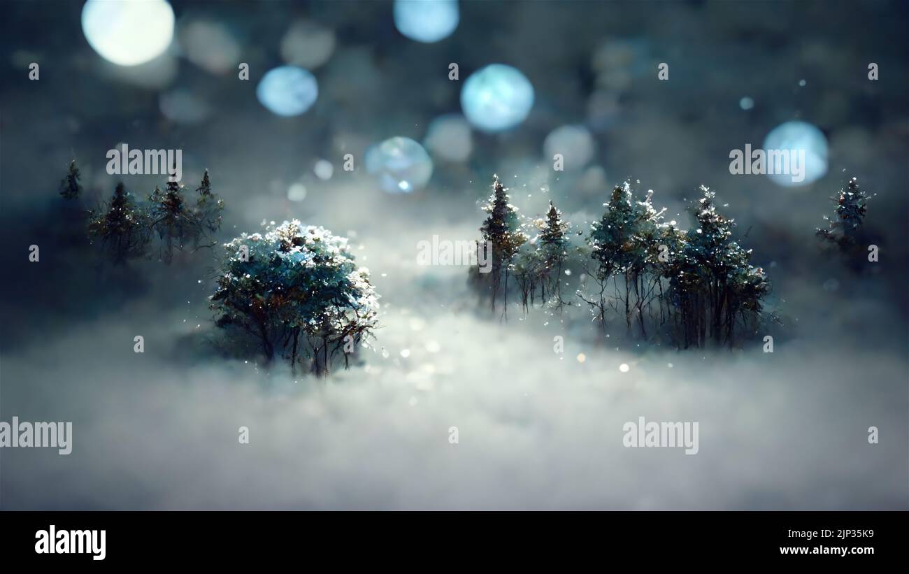 New Year celebration, winter holidays, abstract background concept. Snowy forest with tiny trees and glowing lights bokeh, vertical view Stock Photo