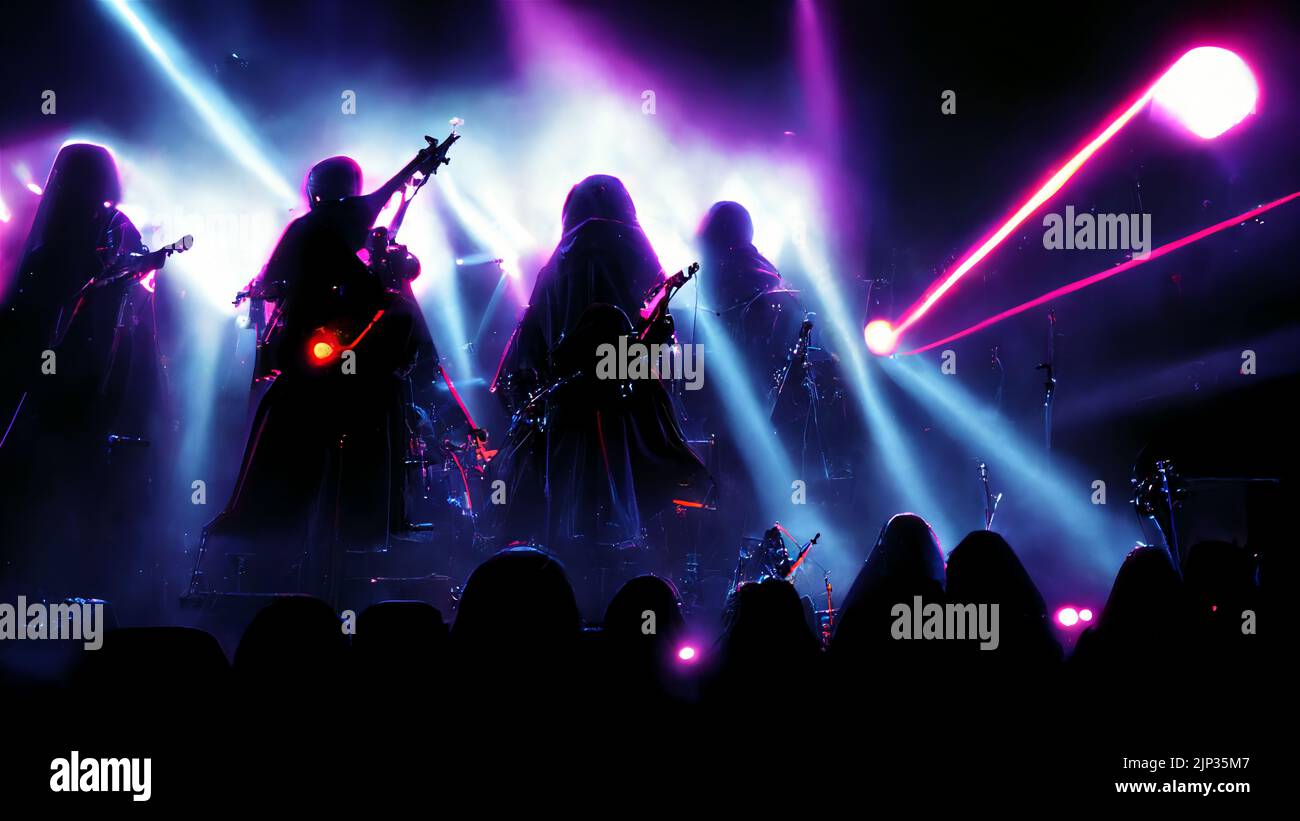 Rock concert background concept. Musical group make show in scene, purple and violet colors lights Stock Photo