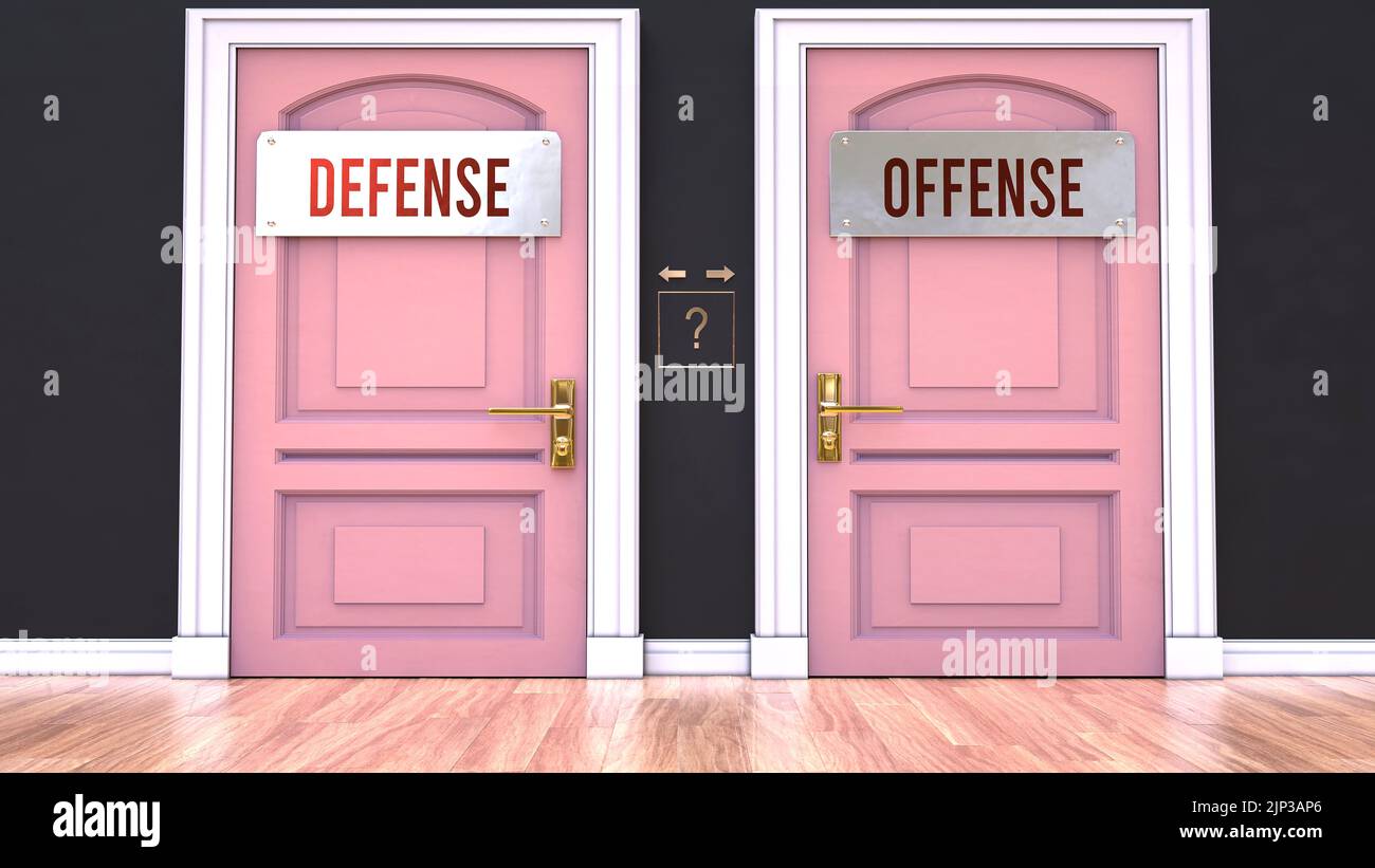 Defense or Offense - making decision by choosing either one option. Two alaternatives shown as doors leading to different outcomes.,3d illustration Stock Photo