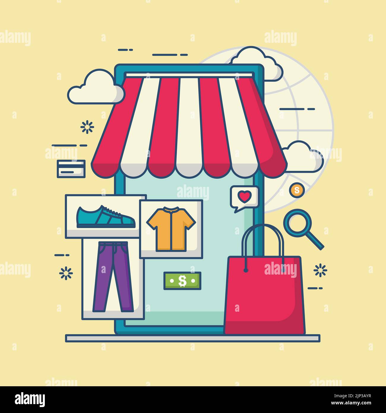 A small shop with different goods isolated on a yellow background. Stock Vector