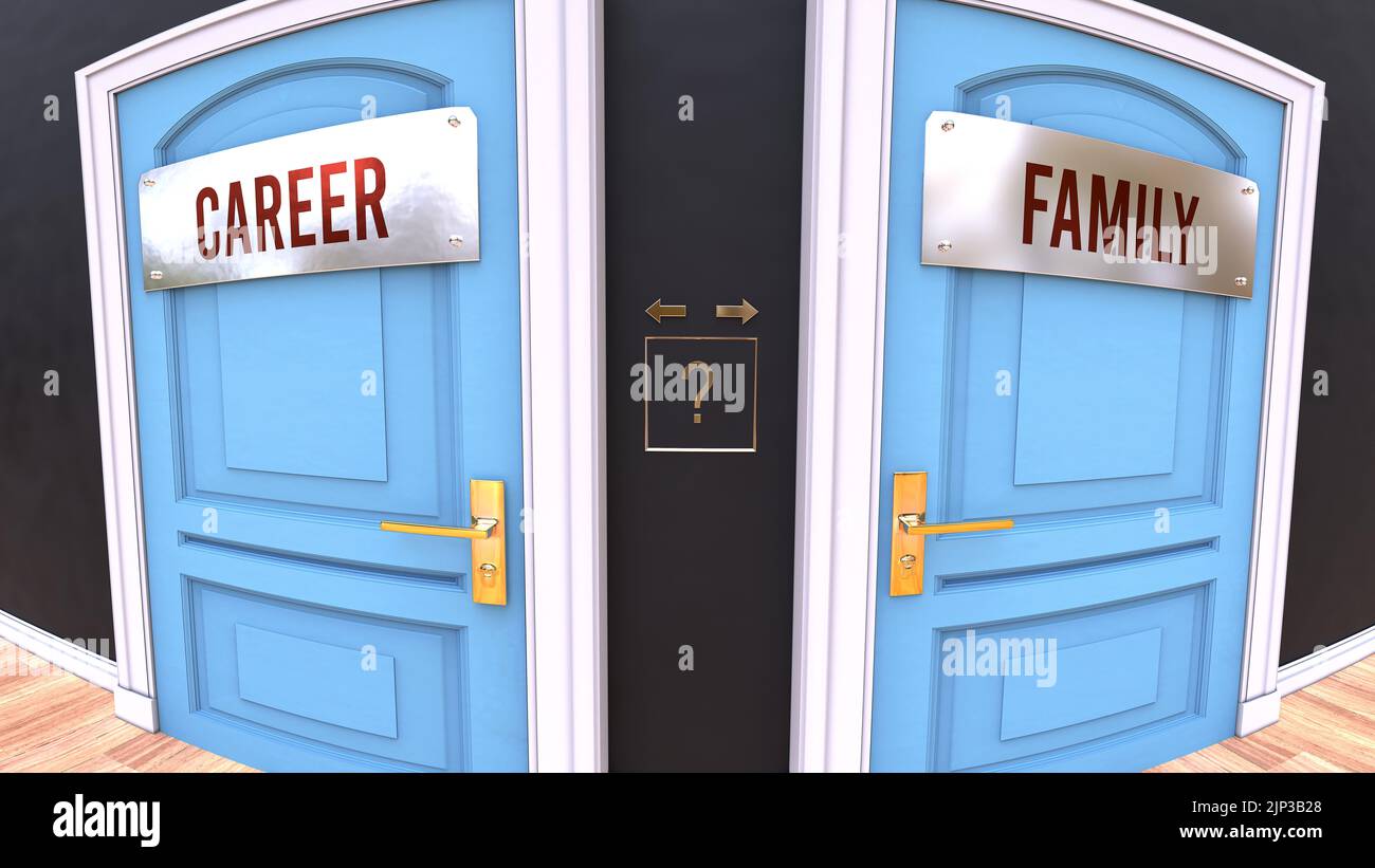 Career or Family - a choice. Two options to choose from represented by doors leading to different outcomes. Symbolizes decision to pick up either Care Stock Photo