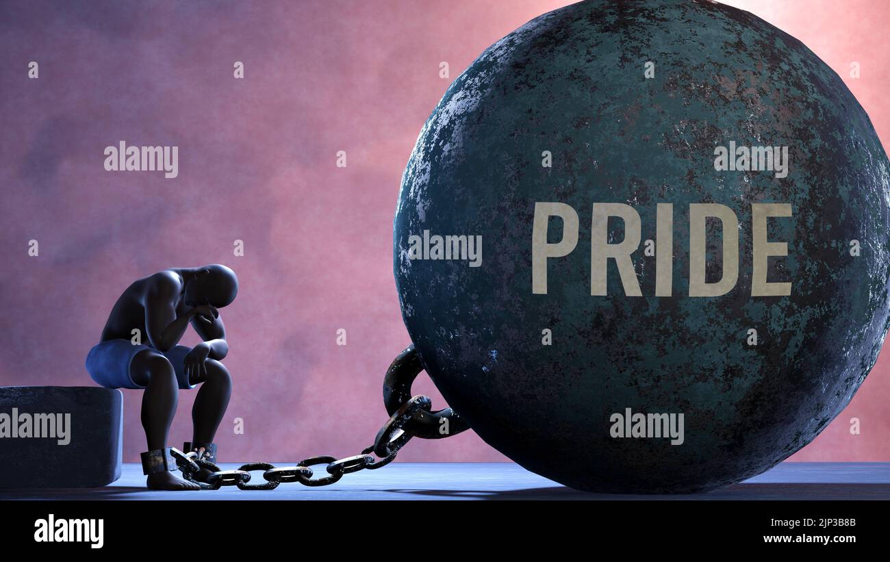 Pride that limits life and make suffer, imprisoning in painful condition. It is a burden that keeps a person enslaved in misery.,3d illustration Stock Photo