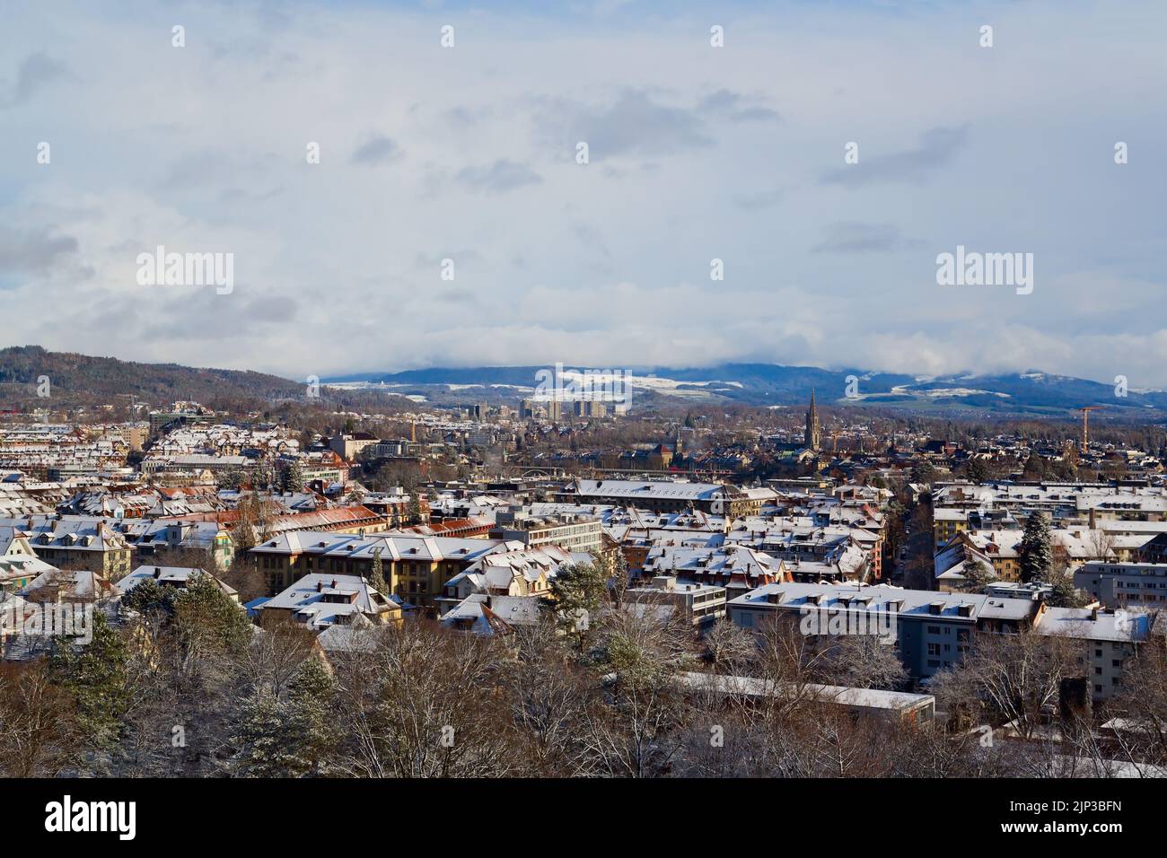 Panoramic view of old town of Bern and bernese highlands during winter, Capital of Switzerland Stock Photo