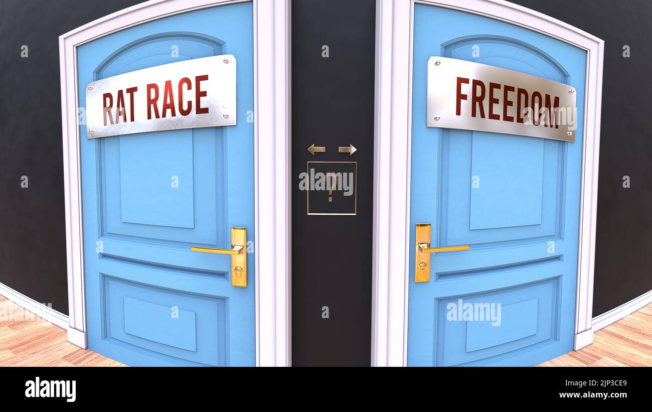 Rat race or Freedom - a choice. Two options to choose from represented by doors leading to different outcomes. Symbolizes decision to pick up either R Stock Photo