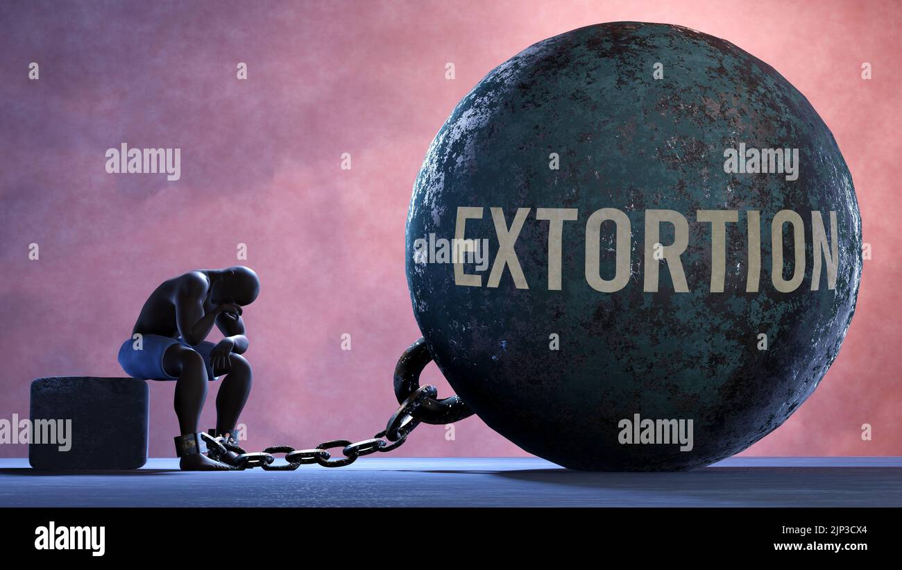 Extortion that limits life and make suffer, imprisoning in painful condition. It is a burden that keeps a person enslaved in misery.,3d illustration Stock Photo