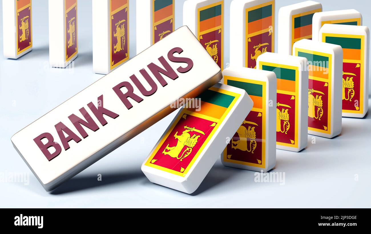 Sri Lanka and bank runs, causing a national problem and a falling economy. Bank runs as a driving force in the possible decline of Sri Lanka.,3d illus Stock Photo