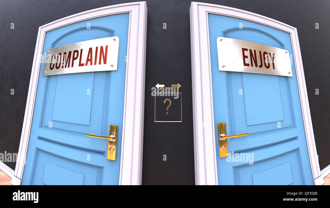 Complain or Enjoy - a choice. Two options to choose from represented by doors leading to different outcomes. Symbolizes decision to pick up either Com Stock Photo